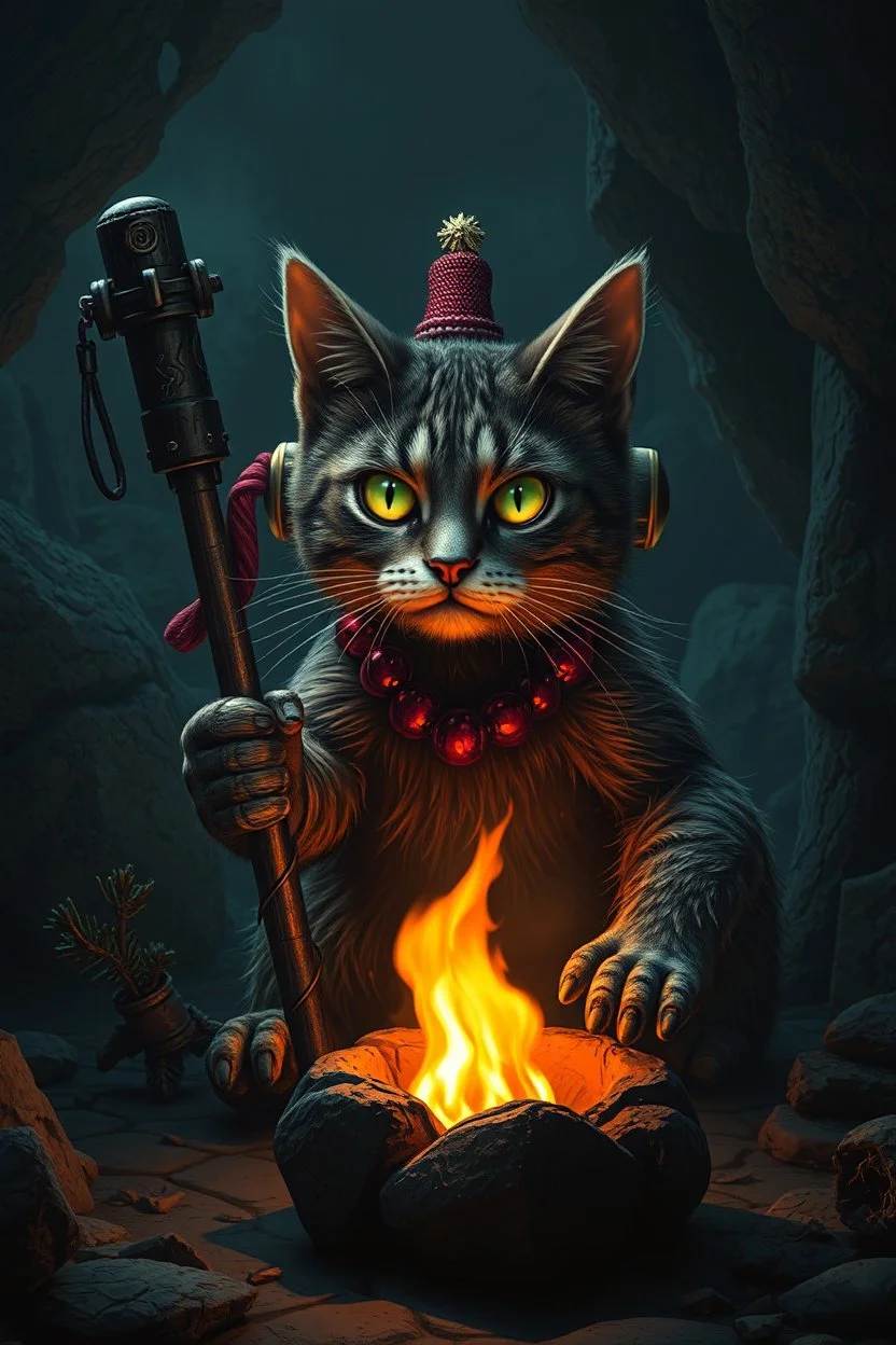 neanderthal cyberpunk cat xmas with club and cave fire in the style of fallout 4