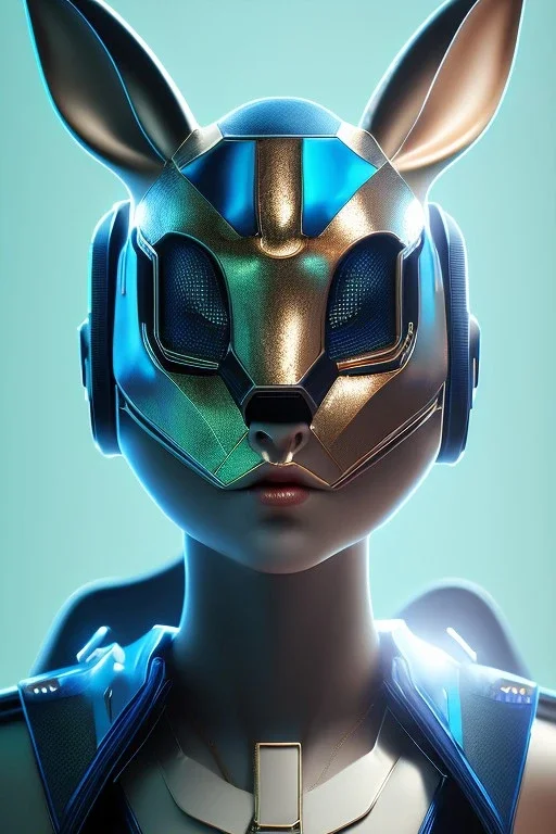 Portrait Sweet Rabbit ceramic mask, glossy, blue suit, cyberpunk, photo studio, black background, unreal engine 5, concept art, ray tracing, lumen lighting, ultra detail, volumetric lighting, 3d.