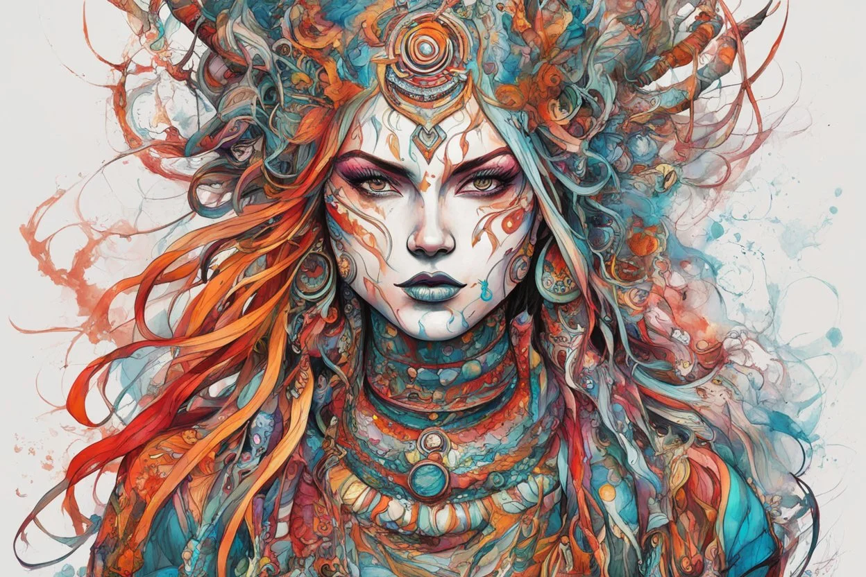 create an abstract expressionist full body illustration of a deeply spiritual, ethereal, darkly magical, epic nomadic tundra female shaman with highly detailed and deeply cut facial features, searing lines and forceful strokes, precisely drawn, inked, with rich striking colors