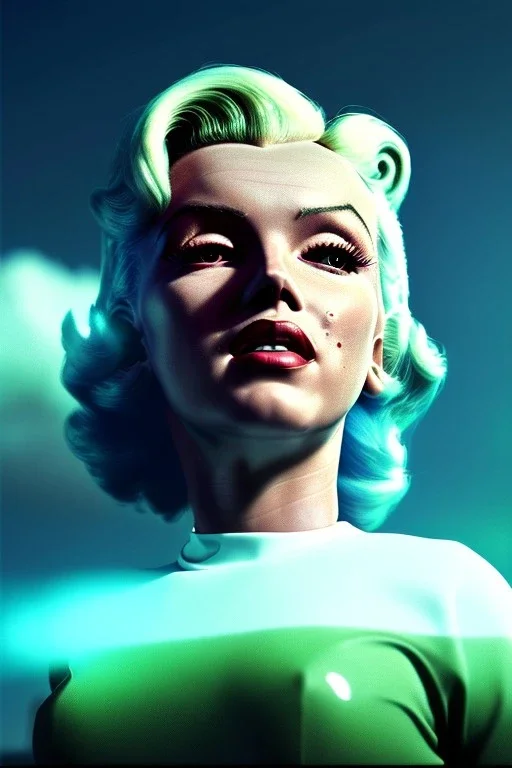 Ultra Realistic retro sci-fi scene, portrait, blonde woman, sweet young Marilyn Monroe face, perfect iris, tight latex coat, Strange planet background, Retro sci-fi style helmet, fog, rain, soft color, highly detailed, unreal engine 5, ray tracing, RTX, lumen lighting, ultra detail, volumetric lighting, 3d, finely drawn, high definition, high resolution.