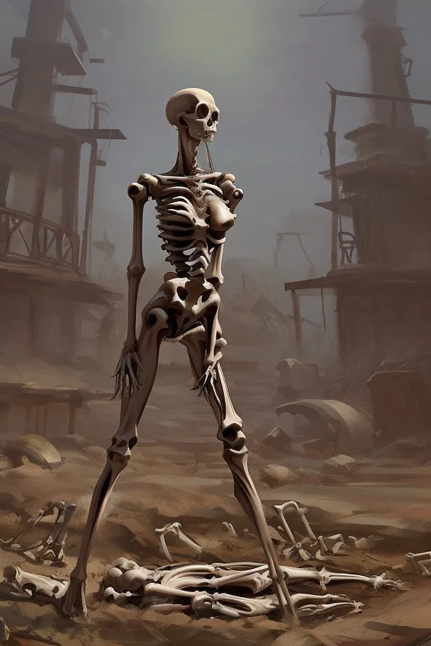 a bone yard with a tall android woman standing at the top of a pile of bones