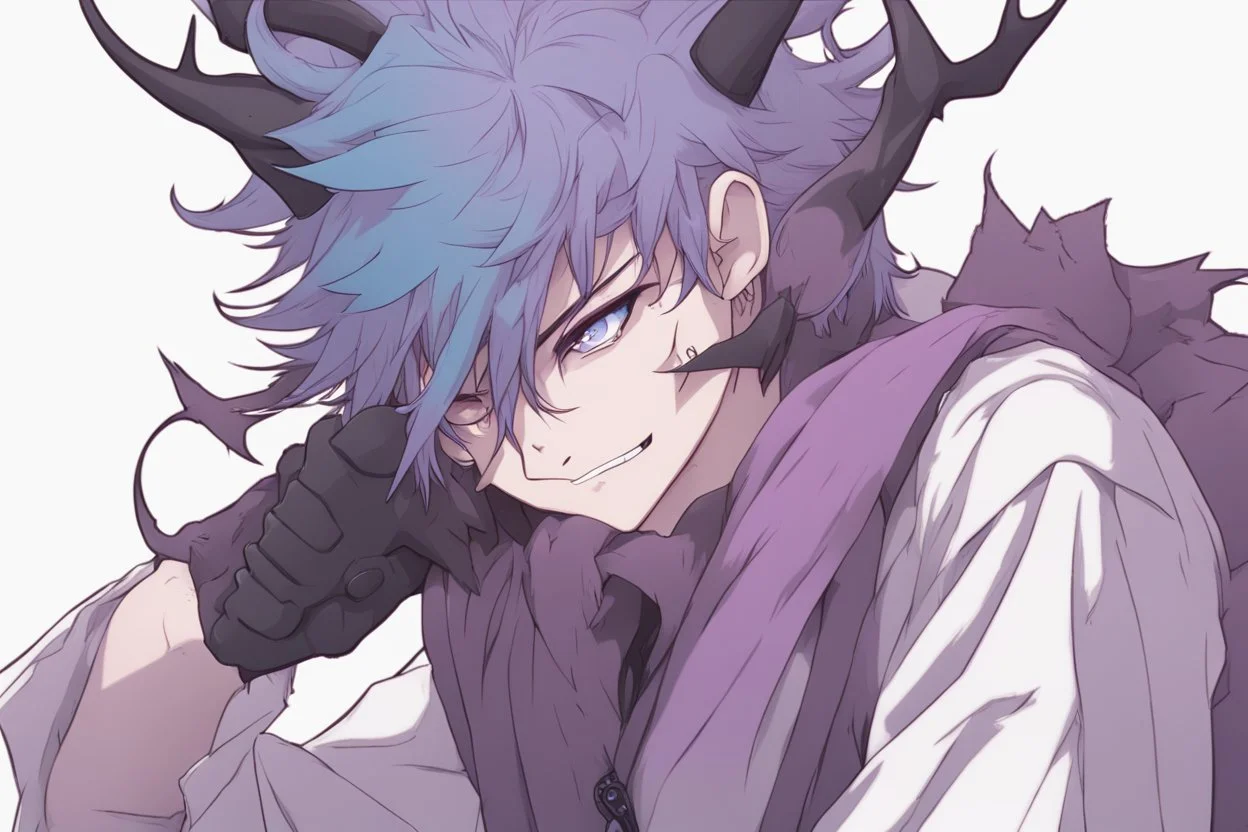 Young anime man with demon horns, fangs, messy purple hair and blue eyes