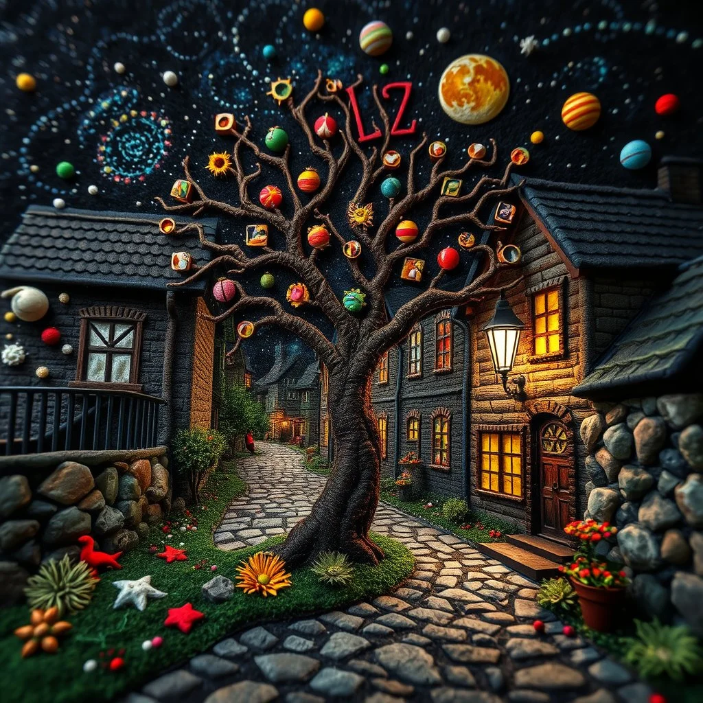 Photograph hasselblad h6d400c --ar 85:128 --v 6.0 of a fairy old bewitched street, tree, made of felt, art, tiltshift, 3d deep field, galaxies and planets, needlepoint, Joan Miró, odd, abstract, expressionist style, colorful holiday