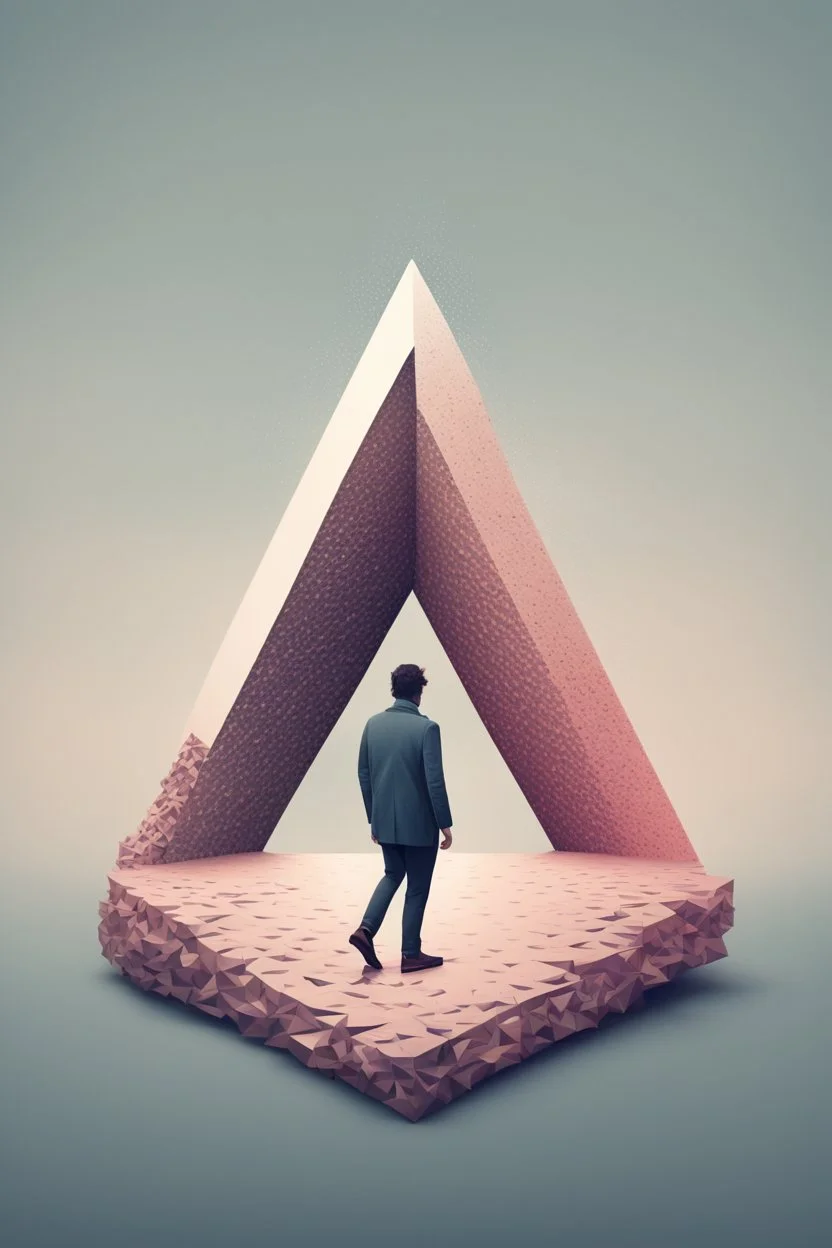 Illustration of man walking on Penrose triangle, surreal concept