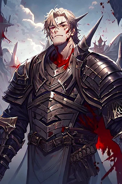 Armored Male Blood Knight Elf by manhwa or korean webtoon style there are lightning and blood spurts around the man, his face pointed at the camera, and with a serious look he lets his opponent know that it's his turn