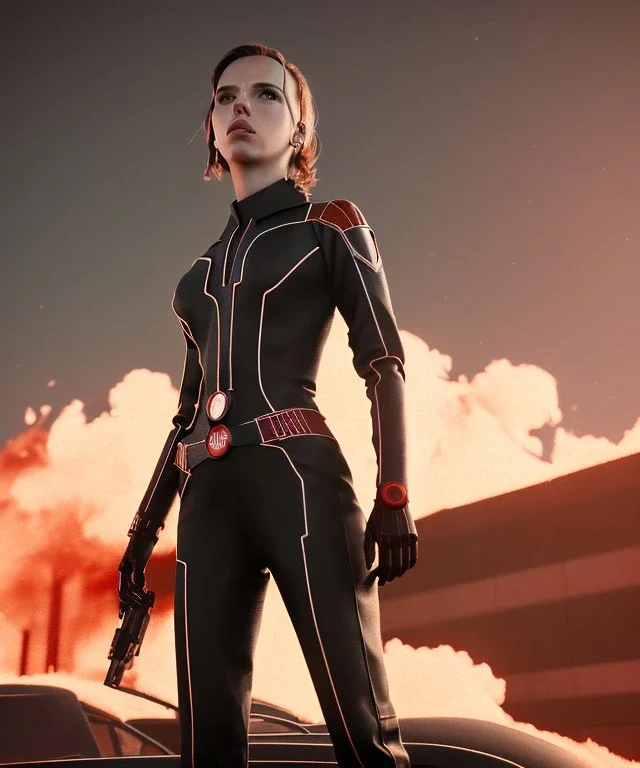 retro sci-fi portrait image from 1960, supermarket parking explosion, fire, classic black widow, young Scarlett Johansson, tight lycra suit, soft color, highly detailed, unreal engine 5, ray tracing, RTX, lumen lighting, ultra detail, volumetric lighting, 3d, finely drawn, high definition, high resolution.