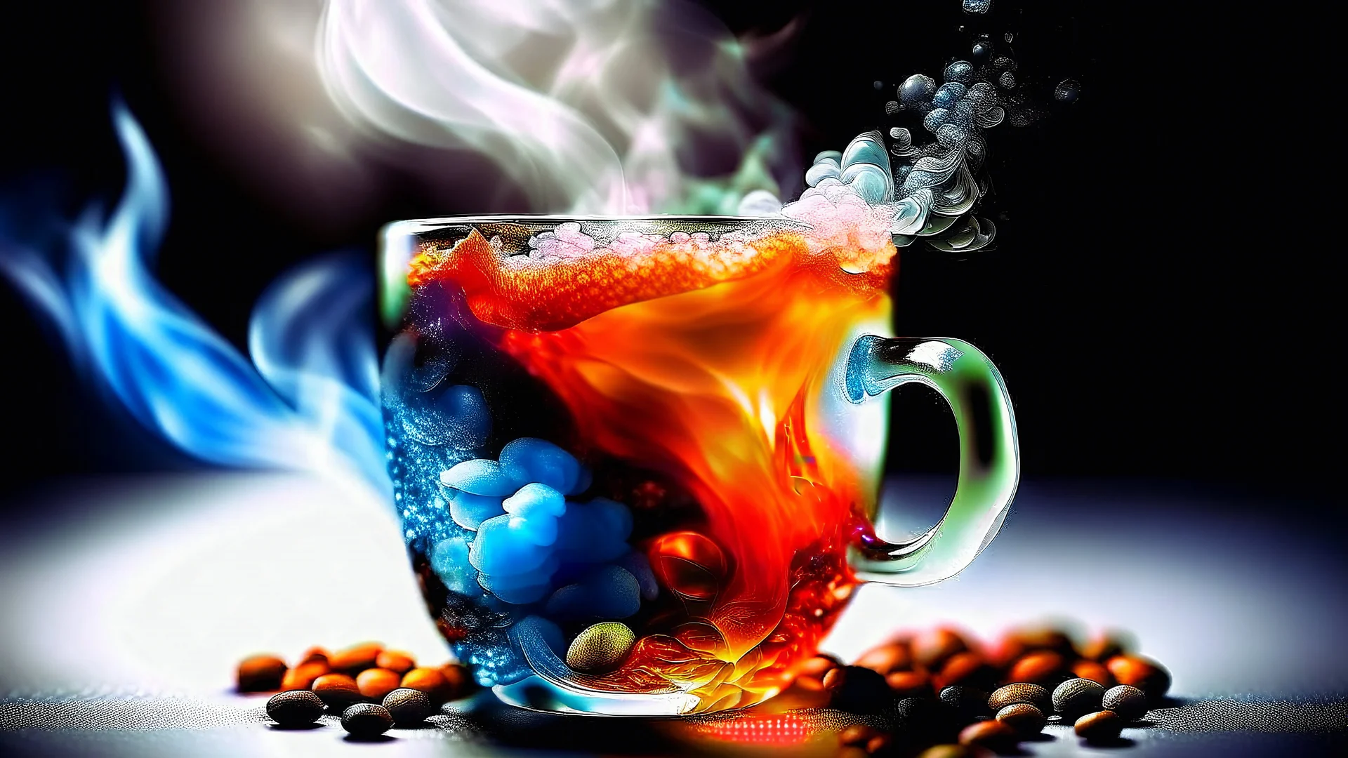 A cup of coffee with coffee beans around the image combined with light, water, ice and fire