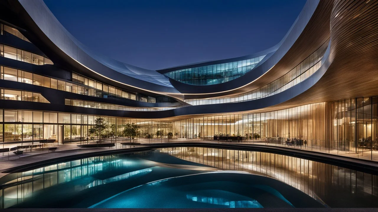 2084, delightful, sensitive, confident, undulating sinusoidal office block with pointed hyperbolic roofs, delicate, night, darkness, water features, exquisite architecture, innovative design, award-winning photograph, beautiful composition, filled with beautiful detail, delicate colour, chiaroscuro