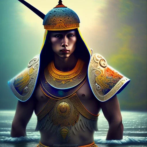 spray painted fantasy art, blurred realism, color corrected, white balance, book illustration,upper body of a realistic warrior monk by a dam ,autumn water, colorful, evening