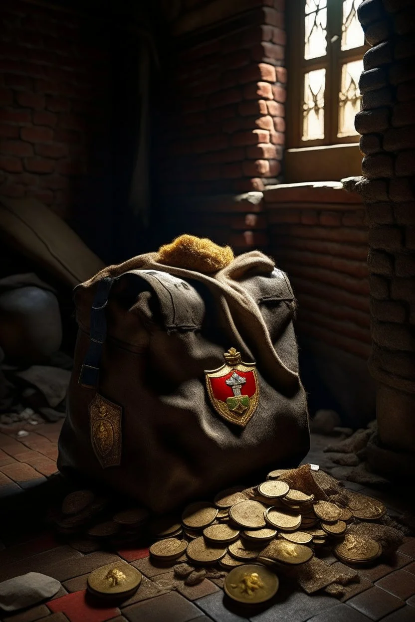 in a LARGE BASEMENT, half-buried in the earth, an ancient, worn-out, worn-out, torn-side valise peeks out, from which gold coins from the time of Catherine the Great fall out. The ancient coat of arms of Russia, the double-headed eagle, is BARELY VISIBLE on the bag. There are a lot of broken bricks and earth around the bag. All in high quality 8K