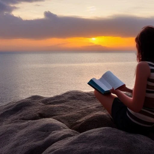 A person reading a book at beach just before sunset sitting on a rock . Draw a little fantasy theme image