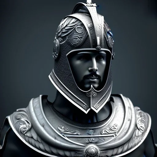 Masculine man sculpture, background = BLACK with a bit of mist, roman warrior, armor, helmet