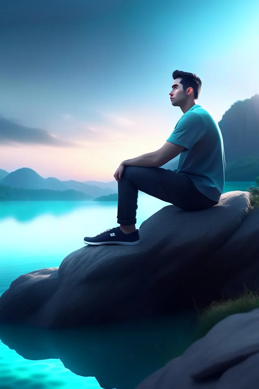 Ultra realistic photo of male sitting on top of a rock next to a body of water concept ,full size, science, technology,future,electric ,futuristic style, design, practicality,manufacturability,performance, performance, HOF, professional photographer, captured with professional DSLR camera, trending on Artstation, 64k, full size, ultra detailed, ultra accurate detailed, bokeh lighting, surrealism, background,(((realism, realistic, realphoto, photography, portrait, , realistic, beautiful, elegan