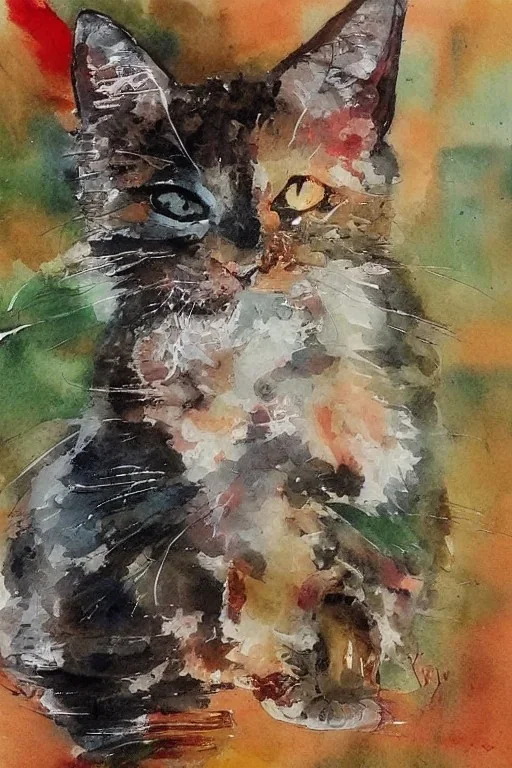 watercolor painting, happy cat, bright color,