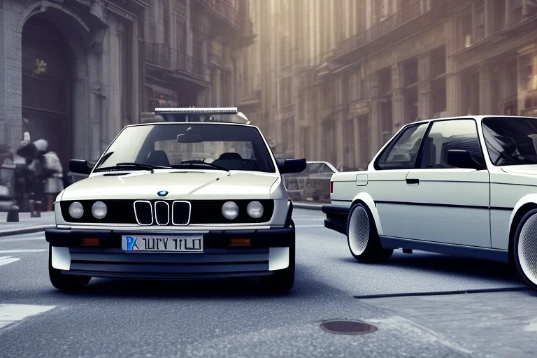 a 1990 bmw 2-door 4k ,ultra realistic,concept, 4k ,on street, parked in crowded city