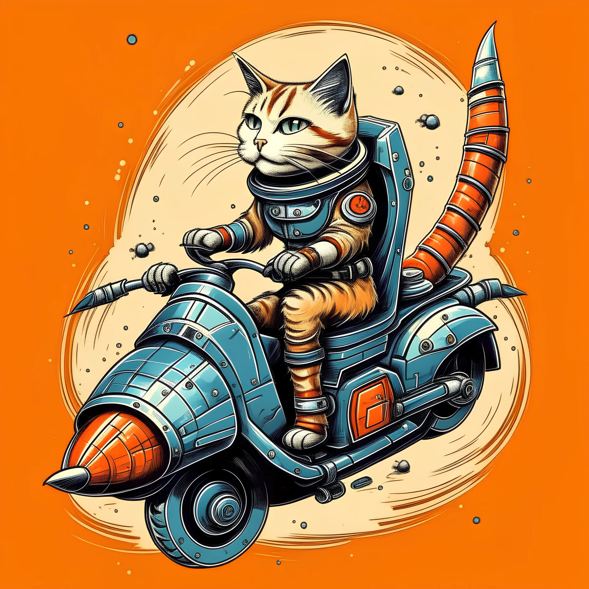 cat riding a rocket motorcycle wall art .