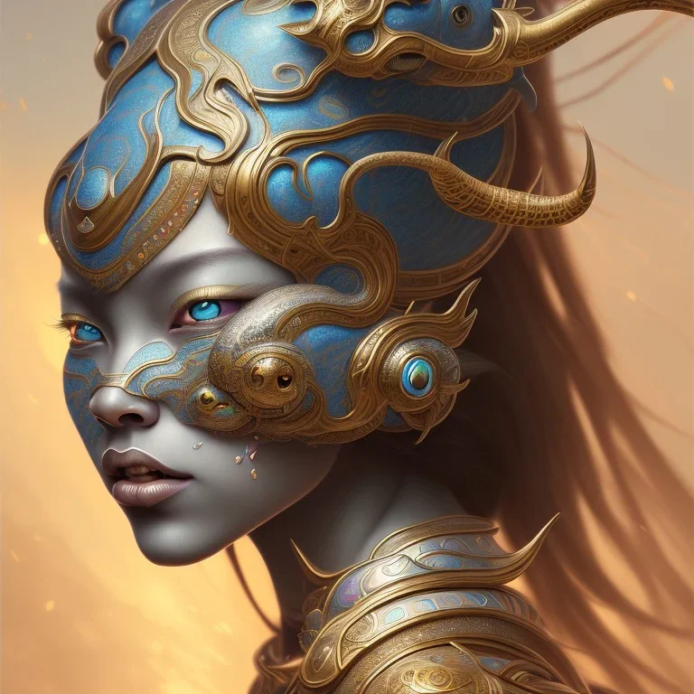 Sango fantasy, fantasy magic, intricate, sharp focus, illustration, highly detailed, digital painting, concept art, matte, art germ and Paul Lewin and Kehinde Wiley, masterpiece Indonesian lady head bronze tiger Asian African girl nice breast Thai hair turquoise silver waves