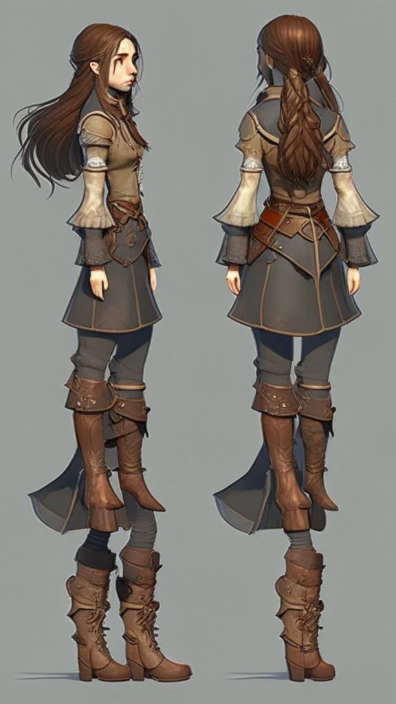 turnaround frontal view, side view and back view, character of a girl, realistic style, brown hair, she wears fantasy medieval clothes, she is slim, full body with boots