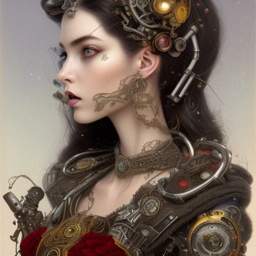 steampunk fantasy, painterly portrait, highly detailed face, snow white vampire femme fatale, wearing black and white and red lace bodice, wearing emerald jewels, intricate dress, Victorian, high res, Sony A7R IV, tom bagshaw and waterhouse and greg rutkowski and claude monet, beeple, beksinski and mucha, realistic shaders effects, 64K, HDR, cinematic, 4k, epic Steven Spielberg movie still, sharp focus, emitting diodes, smoke, artillery, sparks, racks, system unit, motherboard, by pascal blanche