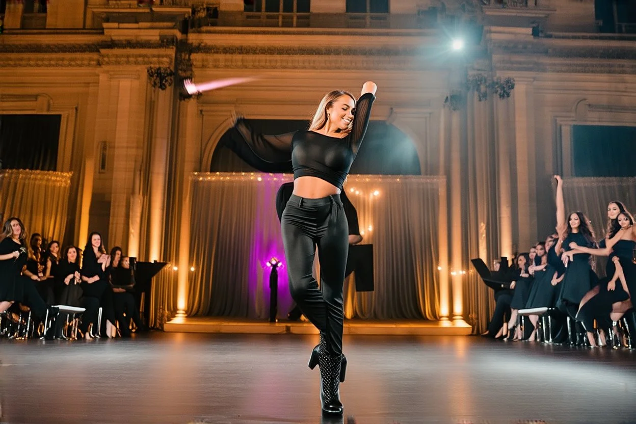 beautiful lady fullbody closeup shot in nice pants and shirt pretty boots dancing in stage,flashing lights