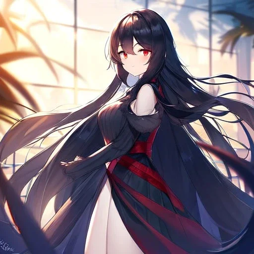 Clear focus, high resolution, black long fluffy hair, red eyes, wearing a cute outfit