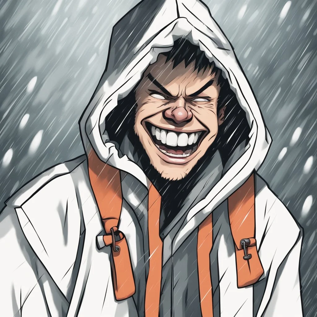 a closeup of a psychopathic young man with white eyes in a heavy coat and hood during a rainstorm laughing cartoon