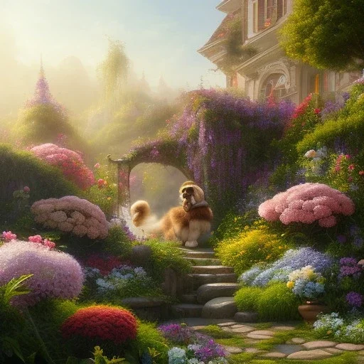 pixar style, volumetric summer garden environment and background, realistic painting of saint Bernard, looking excited, volumetric lighting, dramatic lighting, detailed digital painting, extreme dense and fine fur, anime, ornate, colour-washed colors, elegant, small minutiae, tiny features, particulars, centered, smooth, sharp focus, renderman gofur render, 8k, uhd, detailed eyes, realistic shaded volumetric lighting, sunlight caustics, backlight, centered camera view