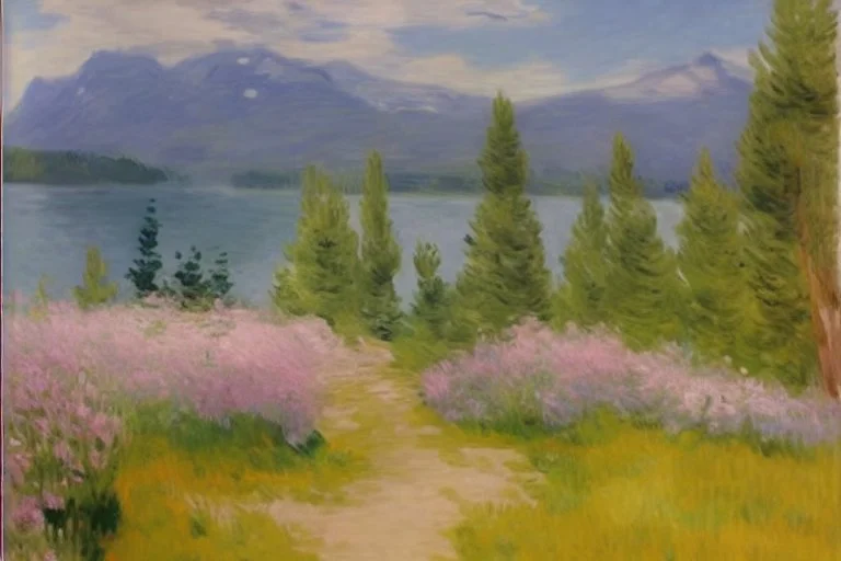 Mountains, lake, flowers, pathway, pine trees, clouds, edouard manet impressionism painting