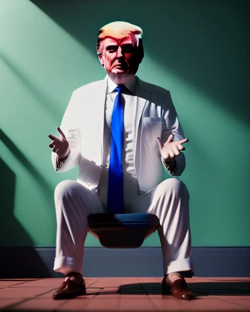 Donald Trump sitting in toilet scene, pants down, realistic image, hooper style, casual, concept art, smooth, unreal engine 5, god lights, ray tracing, RTX, lumen lighting, ultra detail, volumetric lighting, 3d.