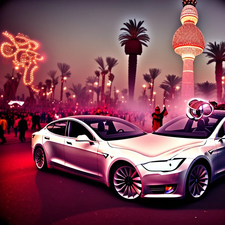 A Tesla's 'Model S Plaid' is performing donuts, in 'Jemaa el-Fnaa', in Marrakesh. CINEMATIC. WIDE ANGLE LENS.
