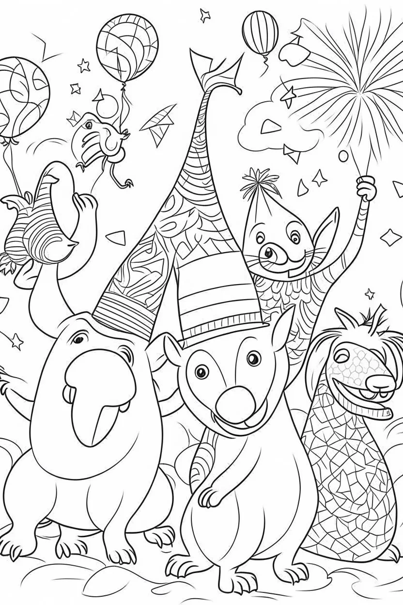 HAPPY NEW YEAR coloring page for kids, Party hats and streamers in an animal fiesta, thick outline, low details, no shading, no color