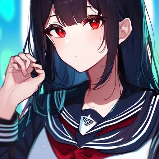 Clear focus, High resolution, long black fluffy hair, red eyes, chopped bangs, wearing a sailor uniform, wearing a sailor skirt, colorful, hollywood, female, no outlines, extreme close up, rough line sketch