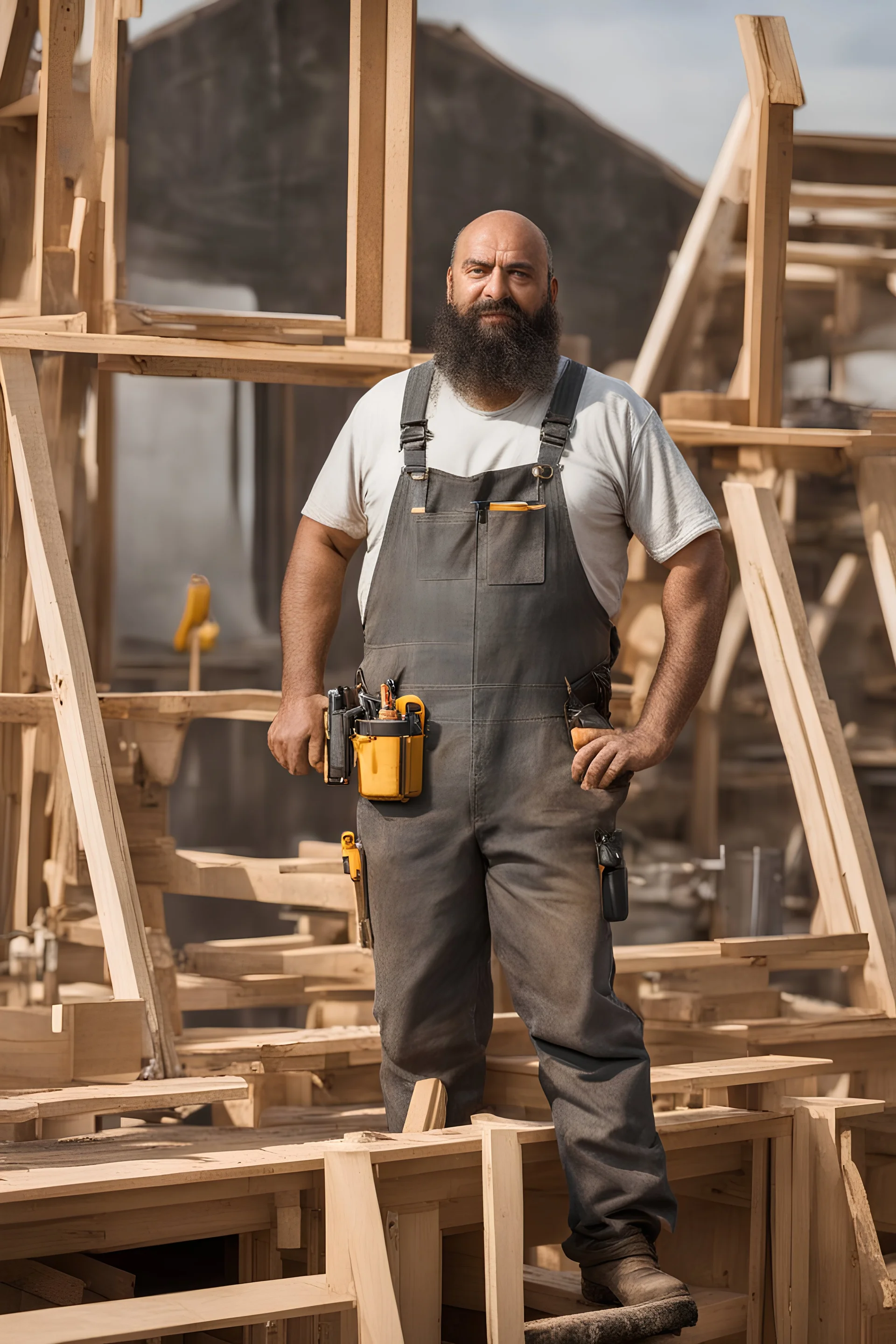 half figure shot photography of an ugly 44 year old stocky big chubby robust burly turkish carpenter working on the roof, dirty, wet, wearing bulging overalls, shirtless, hairy chest, serious, very virile, long beard, curly hair,, , in a sunny construction work area, photorealistic , photorealistic