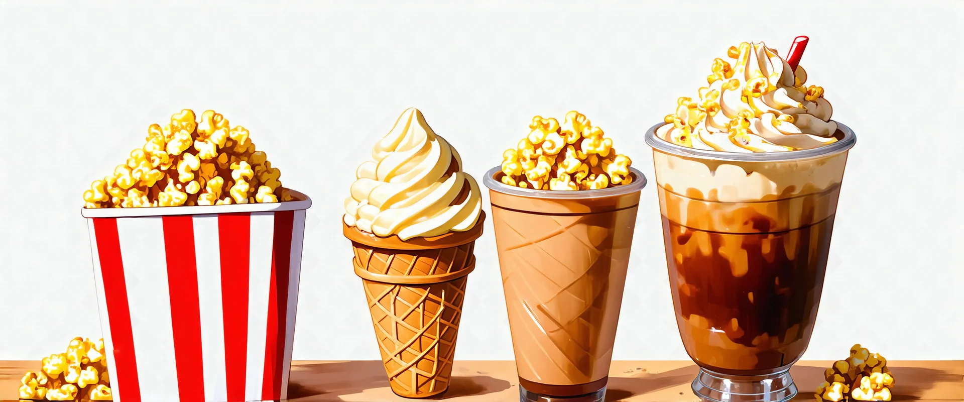 ice cream cones, sundaes, striped bag of popcorn, iced coffee drink with whipped topping. whimsical and delightful, digital painting on white