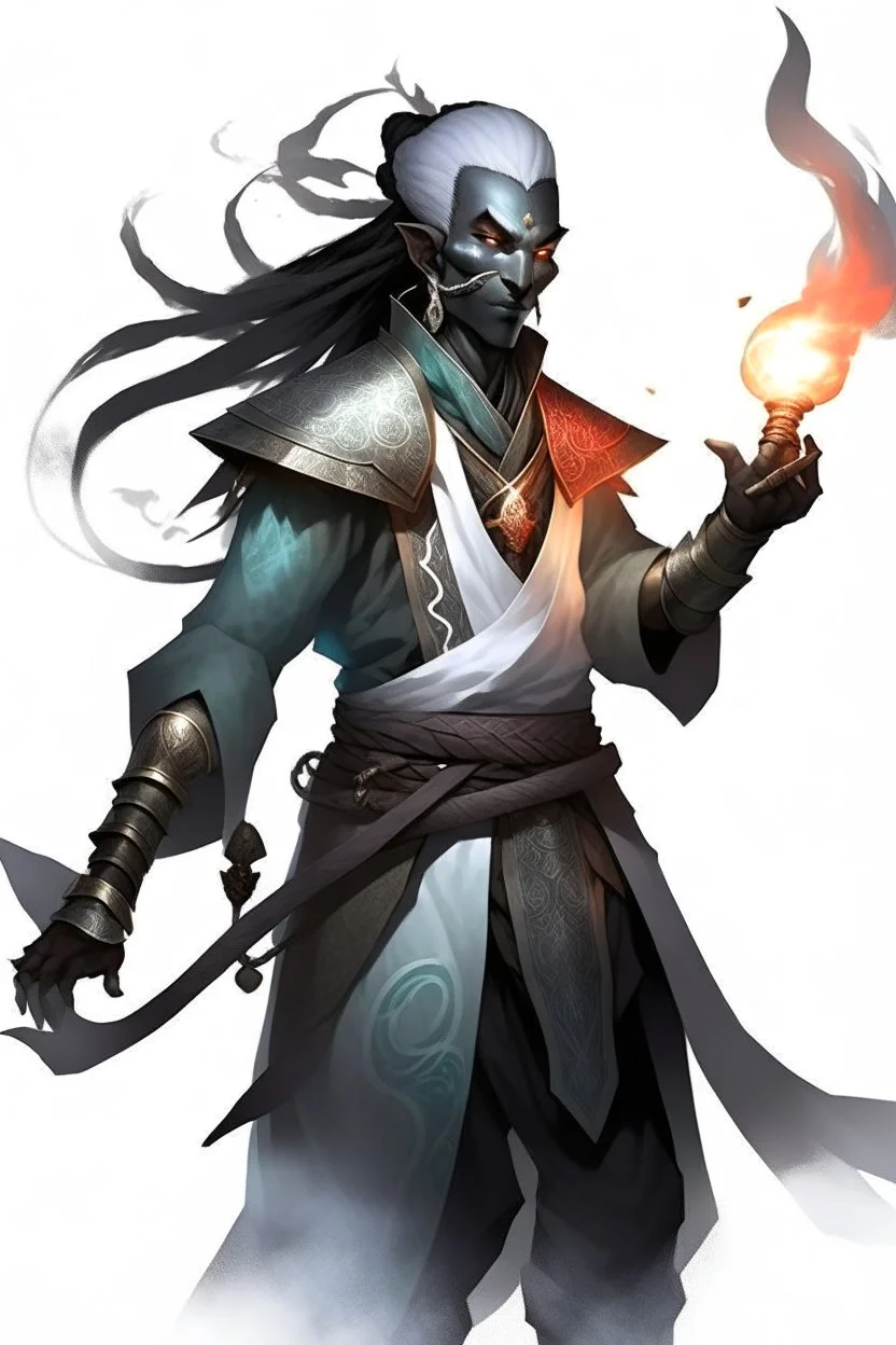 Male Air genasi fra d&d with black skin smoke some hair an Asian skin holding a smuldering spire