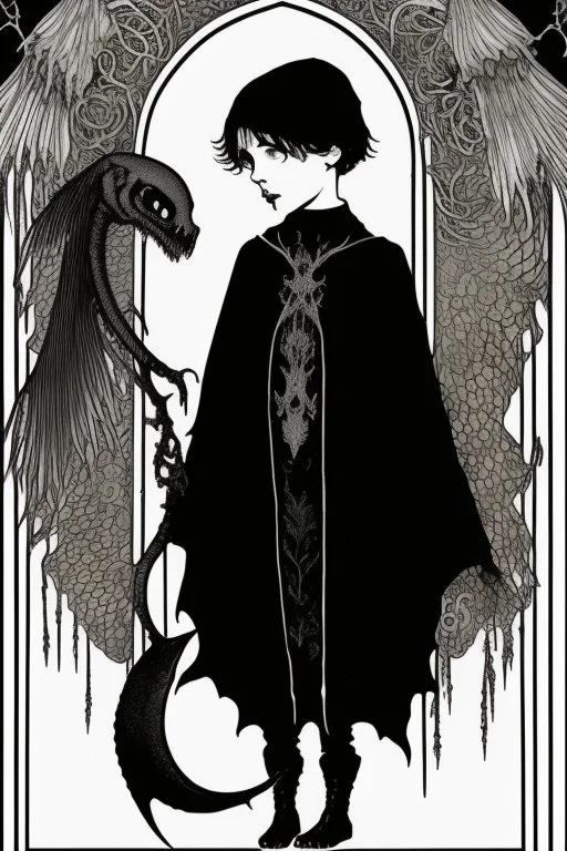 7 year old boy, necromancer, friendly, looks dead,with a long lamprey emerging from his belly , wearing black robes, in the style of Harry Clarke