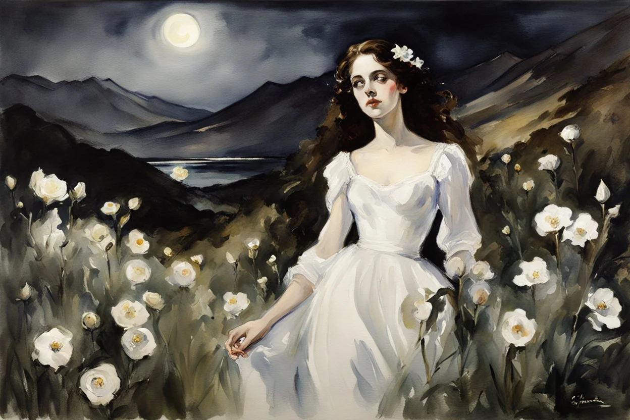 Night, one woman, white flowers, mountains, gothic horror films influence, john singer sargent watercolor paintings