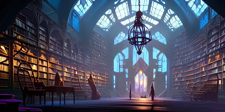 Neverending Massive magical ancient library, fantasy, with multiple bird cages hanging from ceiling, dusty