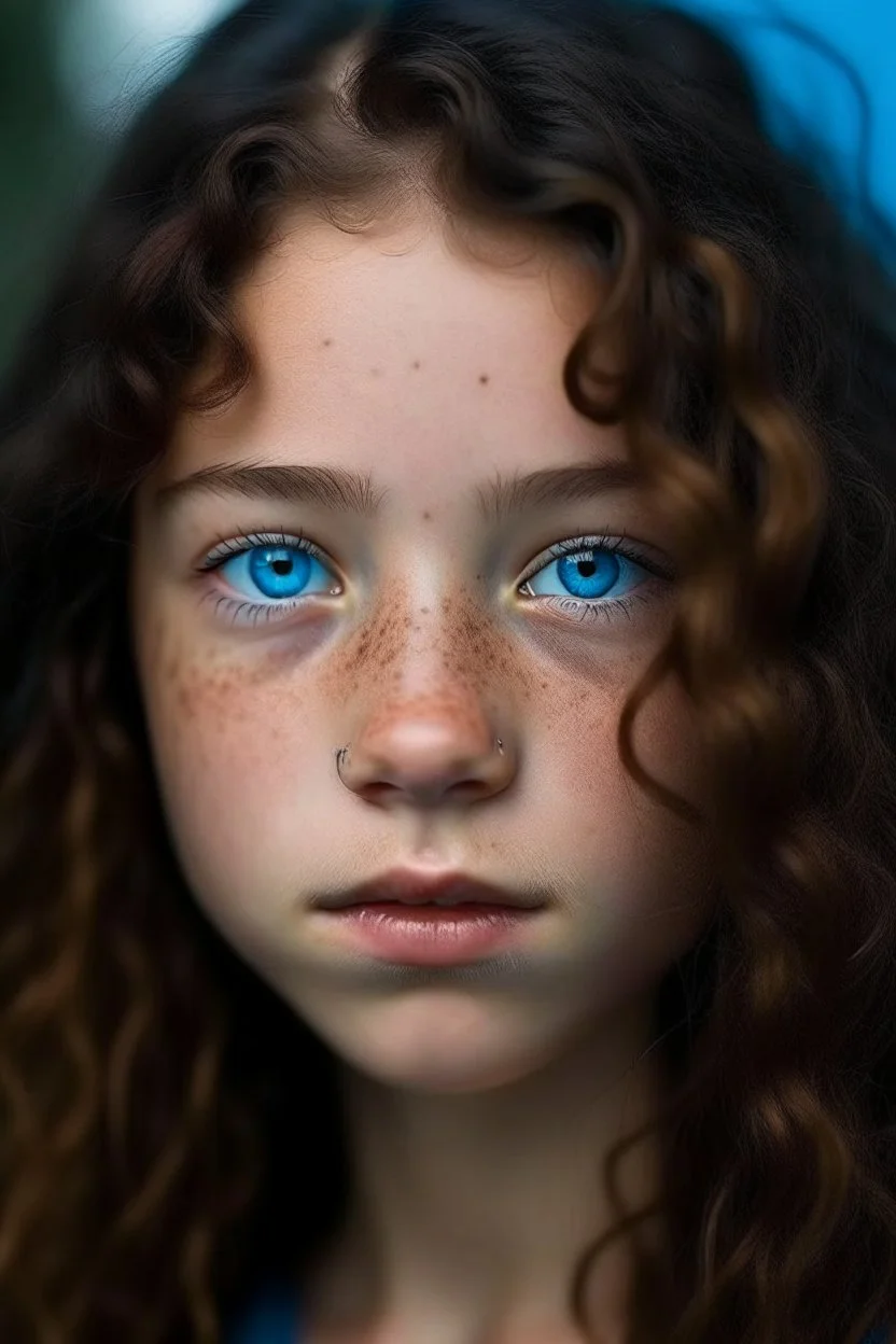 14 year old girl with heterochromie, one eye light blue, other eye dark brown, long dark brown curls, freckles all over the face