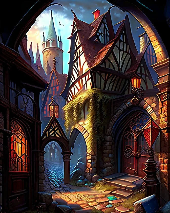 medieval fantasy cobblestone town with stained glass window buildings fairytale rpg art