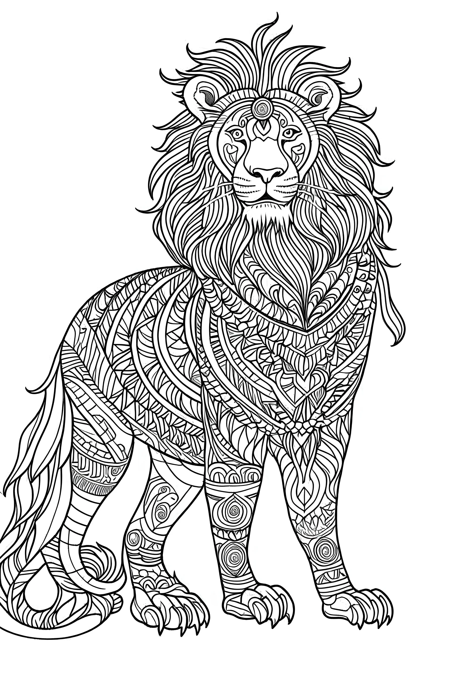 Outline for lion coloring page with witch, white background sketch style full body, only use online , mandalas style clean line art white background, no shadows and clear and will outlined