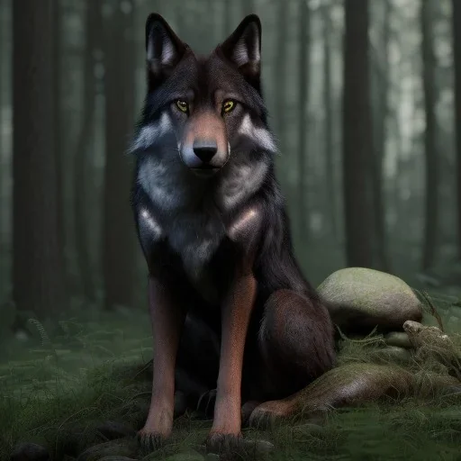 in Forest award winning portrait of a maleunreal 5, octane render, cinema4d, dynamic lighting, dramatic lighting, 4k, redshift render, highly detailed, hyper realistic,anthropomorphic black wolf long