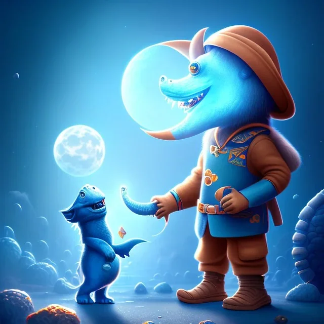 1yo little szymon is on safari onthe moon. petting a blue dinosaur. he has big binoculars and a funny hat. High detailed. Cinematic. Digital painting. Warm lights.