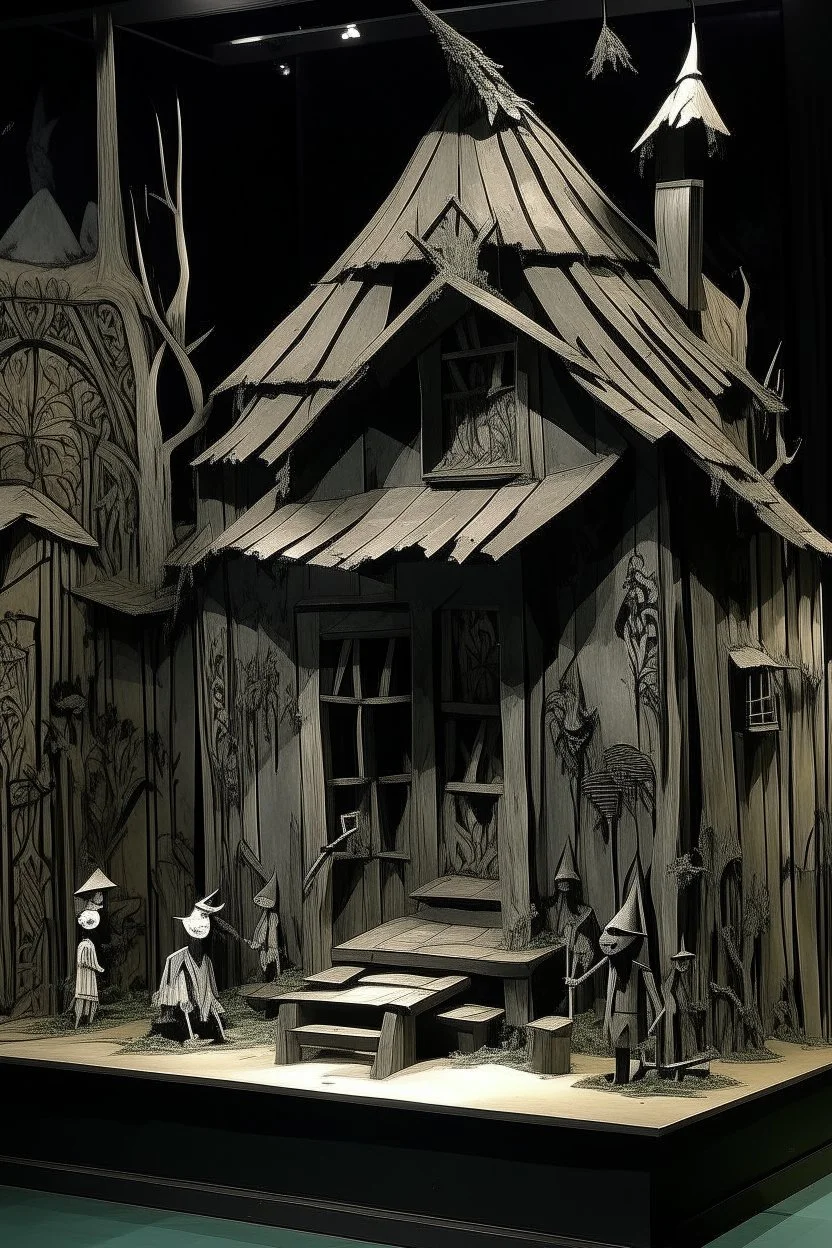 A gray tricky witch's cottage designed in Javanese shadow puppets painted by Raymond Duchamp-Villon