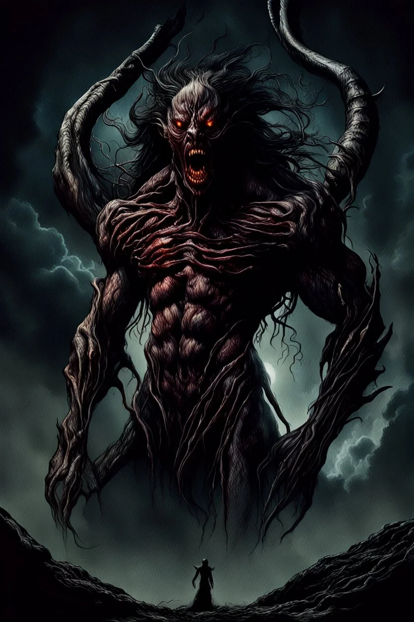 A dramatic digital painting portraying a horror monster under the Moon, veins pulsing, claws of temptation visible, soul in turmoil. In the style of Luis Royo and Boris Vallejo and Giger and Ridley Scott, vivid colors, swirling brushstrokes, highly detailed, 8k resolution, surrealistic., juicy emotions, painting, gloomy fantasy, gloomy day, dark world, portrait, graphite, wide strokes, a weaving frame around, by Ryohei Hase, Agnes Cecile, Raymond Swanland, Anne Bachelier