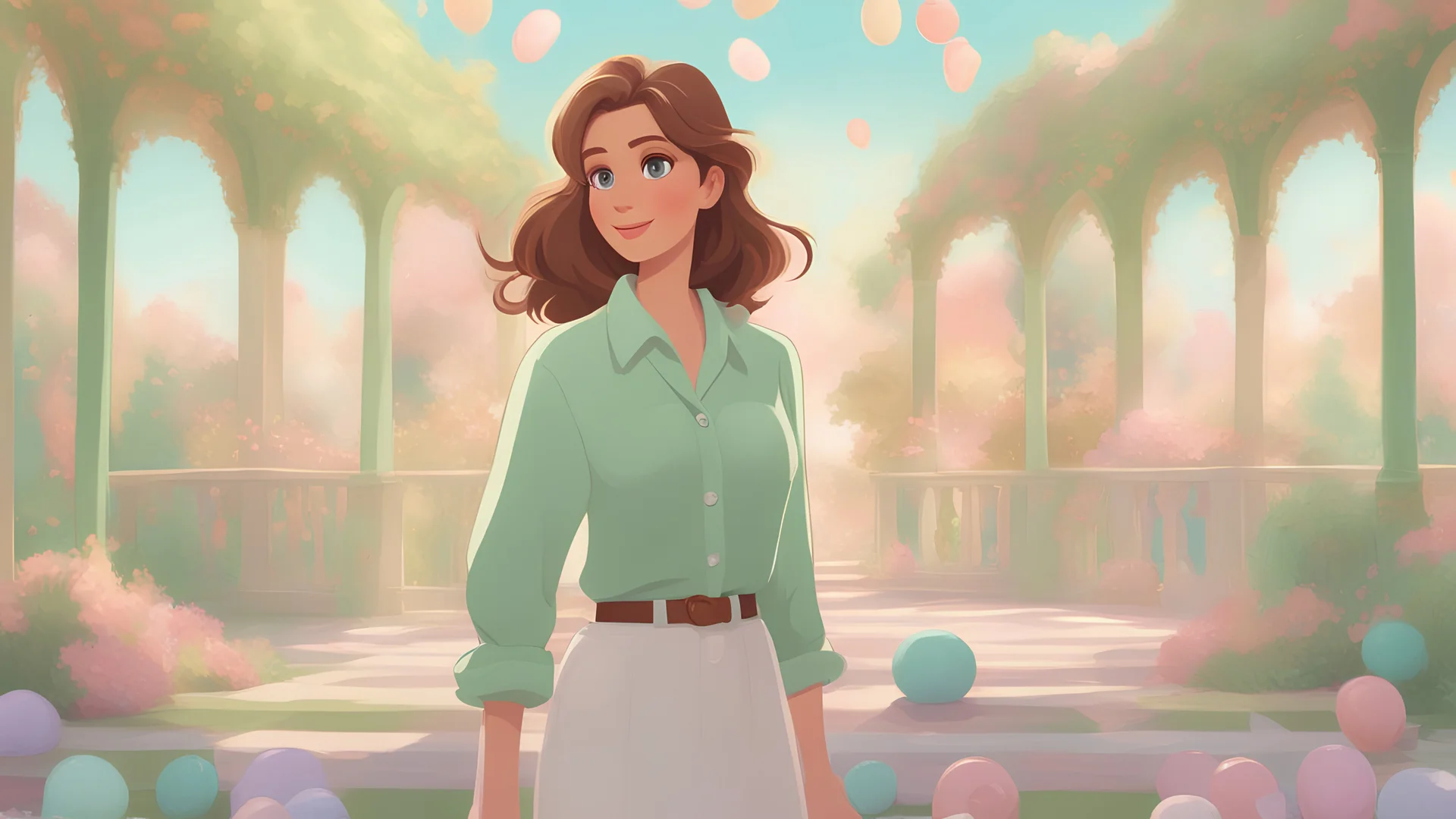 Cartoon style pixar style woman with medium length brown hair and green eyes wearing white long sleeves oversized button up and green tie in the style of soft dreamy pastel palette, pastel - colored scenes,