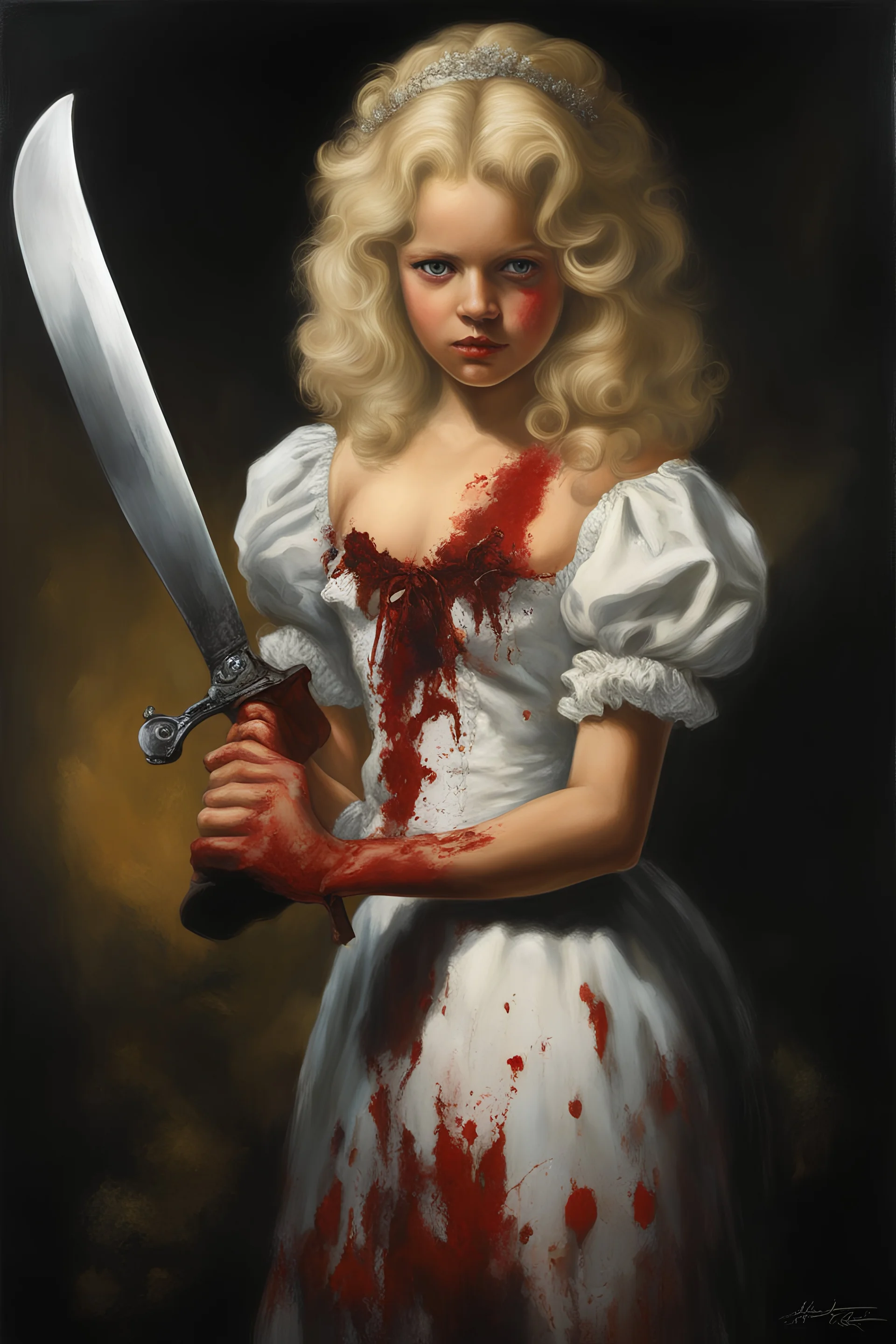 full body image, head to toe, chiaroscuro, deep shadows, rich deep colors, highly detailed portrait, Oil on Canvas by Boris Vallejo - The Evil, homicidal13-year-old Cinderella with Bleach-blonde hair holding a bloody cleaver - 4k UHD, Ultra-realistic, Hyper realistic, Photorealistic, Realistic, absolute Reality