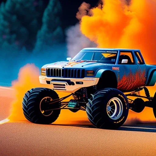 fullbody Drawing of 'HOT WHEELS MONSTER TRUCK',intricate detail,andrea bonelli,Kilian Eng,Ohrai,evan lee,Aleksandr Sidelnikov,KyuYong Eom,three quarters frontal aerial view,toned colors,16k