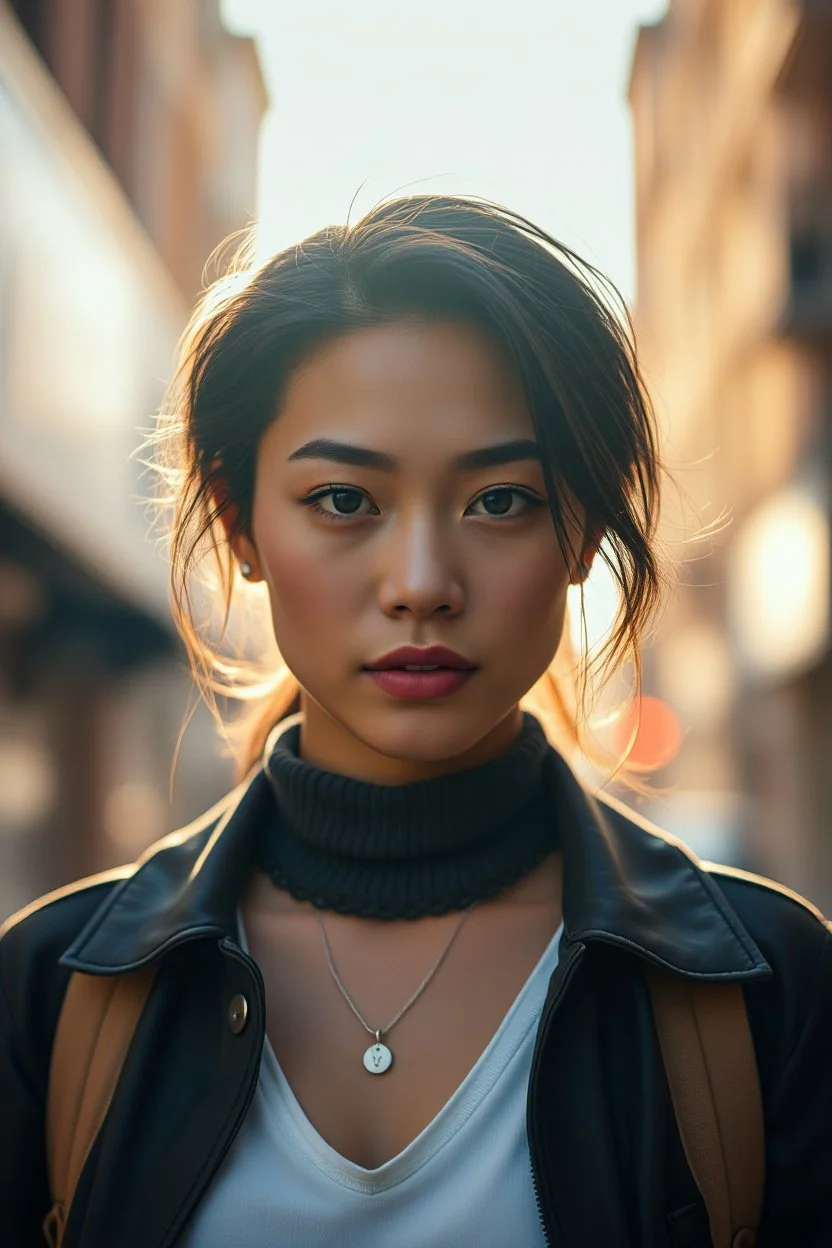 Create an ultra-realistic cinematic 8K portrait of the person in this photo. Keep the face 100% identical — same facial features, skin texture, and expression. Style: fashion editorial, confident pose. Lighting: warm golden hour sunlight, soft rim light. Background: softly blurred urban bokeh. Camera look: shallow depth of field, film grain, cinematic color grade. Outfit: keep similar to the original or elevate slightly with premium casual style.