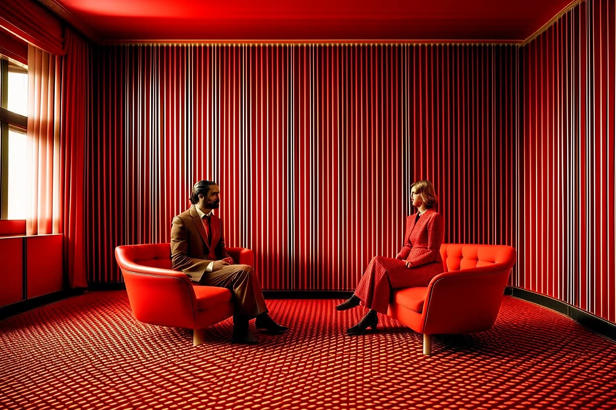 Un hombre vestido con traje, un hombre con pijama rojo, y una mujer vestida con traje, sentados en sillones, en una habitación de suelo de baldosas con líneas zigzagueantes, la habitación la recorre una gran cortina roja, fotografía realizada con cámara Leica y objetivo de 50 mm. Estilo serie de televisión Twin Peaks